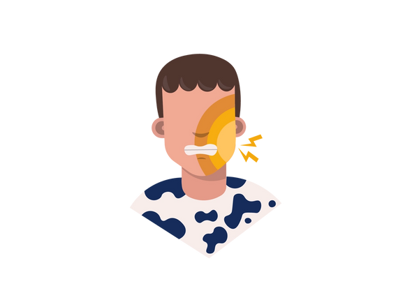 An illustration of a grimacing man. The left side of his face has a large yellow spot over it. Two yellow lightning bolts emanate from it. He has short brown hair and is wearing a cow print shirt.