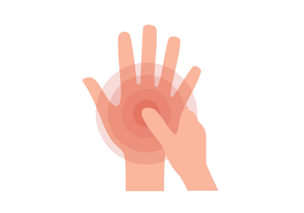 Mão com círculos concêntricos rosa irradiando do centro. A outra mão segura a mão aberta com o polegar no centro dos círculos.
