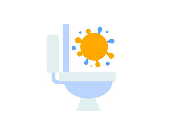 Eine hellblaue Toilette mit einem gelb-blauen Rotavirus über der Schüssel.