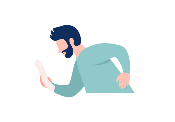 Um homem olhando para um pedaço de papel enquanto sente dores nas costas, como se estivesse tentando descobrir qual é a causa.
