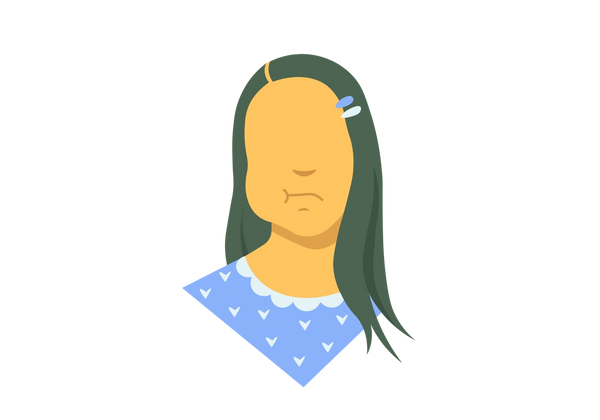 Une illustration de la tête et des épaules d’une femme. Sa mâchoire est enflée du côté droit et elle fronce les sourcils. Elle a de longs cheveux vert foncé avec deux pinces à cheveux et porte une chemise bleue avec un col bleu clair et un motif cœur.