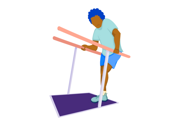An illustration of a frowning man stepping onto a treadmill with support rails. He leans his elbow on one bar, and clutches the other bar in his other hand. He is wearing a green t-shirt, blue shorts, and green sneakers. He has short blue curly hair.