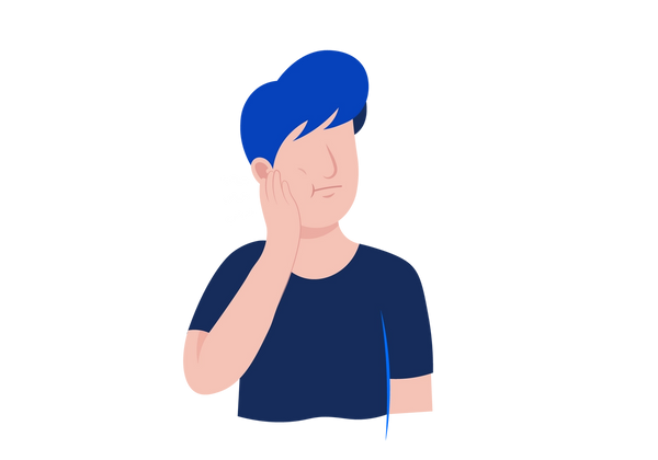 An illustration of a person from the middle of their torso upwards. They are holding their right hand to their slightly swollen cheek and are frowning. Three white squiggly lines come from their cheek. They have short blue hair and are wearing a navy blue short-sleeved t-shirt.