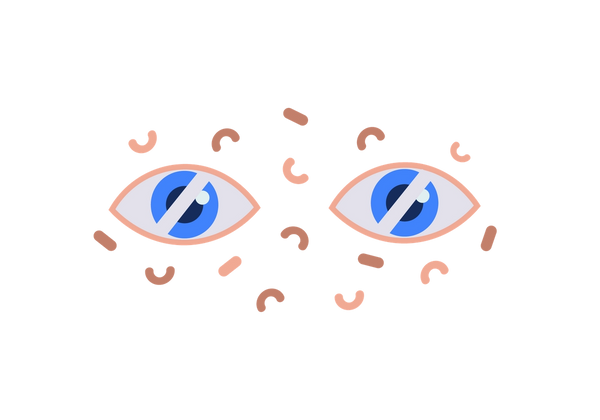 Ein Augenpaar mit Partikeln rundherum, was auf verschwommenes Sehen hindeutet.