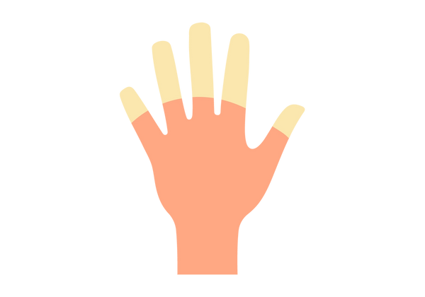 Uma ilustração de uma mão com os dedos estendidos. Os dedos são amarelos desde a articulação do meio até as pontas. O resto da mão tem um tom pêssego médio.