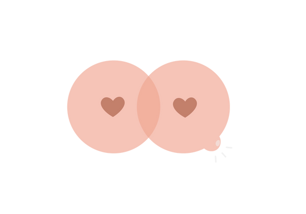 Two pink overlapping breasts with darker pink heart-shaped nipples. There is a lump on the lower right side of the right one.