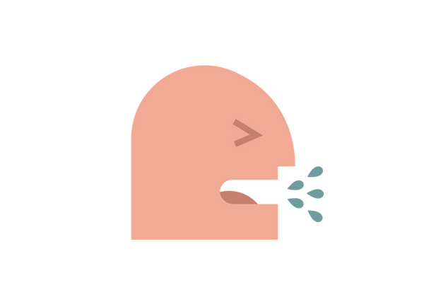 Uma pessoa tossindo, com líquidos saindo da boca.