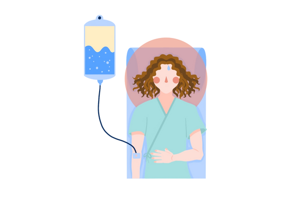 An illustration of a woman lying down in a hospital bed with her hand over her stomach. She is under anesthesia, administered by an IV drip bag on the left. A red circle surrounds the woman's head, and her cheeks and nose are flushed. There's a small sweat drop on her forehead. She is wearing a green hospital robe, and her brown wavy hair surrounds her head on the pillow. The IV bag is light blue and half-filled with medium blue liquid with bubbles. A dark blue IV tube connects the bag to a port in the woman's right arm.