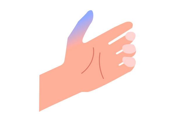 Ilustração de uma mão com a palma para cima, os dedos curvados naturalmente e o polegar para cima. O polegar é azul claro na ponta e se funde com o resto da pele clara em tom de pêssego da mão.