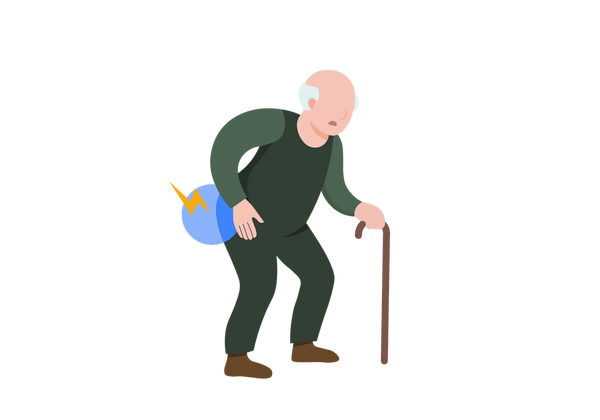 Um homem idoso usando uma bengala sente dor no quadril.