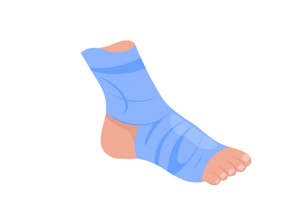 Uma ilustração de um pé e tornozelo com pele clara em tom de pêssego. O tornozelo e o pé estão envoltos em uma bandagem azul clara. As unhas dos pés são de um tom mais claro de pêssego.