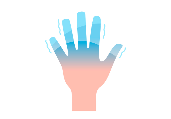 Eine Illustration einer Hand mit ausgestreckten Fingern. Die Finger haben von den Fingerspitzen bis zur Hand einen hellblauen bis dunkelblauen Farbverlauf. Vier hellblaue, schnörkelige Linien zeigen das Frösteln um die Finger.