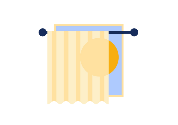 An illustration of a window with a yellow sun with a light yellow shade covering most of it.