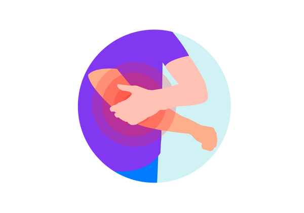 Eine Illustration innerhalb eines mintgrünen Kreises des Oberkörpers und der Arme eines Mannes aus einer Dreiviertelansicht, leicht nach rechts gerichtet. Mit der linken Hand berührt er eine Stelle an seinem rechten Arm. Der Fleck ist ein roter Kreis, von dem drei rote durchscheinende Kreise ausgehen. Er hat eine helle pfirsichfarbene Haut und trägt ein kurzärmeliges lila Hemd.
