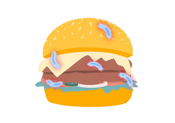 Uma ilustração de um hambúrguer com bactérias E. Coli azuis claras visíveis na carne mal cozida e na alface. As bactérias são arcos azuis claros com linhas saindo deles e manchas azuis médias no interior. Um brilho vermelho atrás das bactérias representa o perigo.