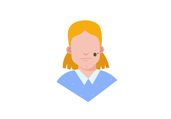 An illustration of a girl from the chest up facing forward. There are two dark brown round shapes on her left cheek, and the rest of her skin is light peach-toned. She has shoulder length blond hair and is wearing a light blue spotted shirt with a lighter blue collar.