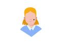 Eine Illustration eines Mädchens, das von der Brust aufwärts nach vorne blickt. Auf ihrer linken Wange befinden sich zwei dunkelbraune runde Formen und der Rest ihrer Haut ist hell pfirsichfarben. Sie hat schulterlanges blondes Haar und trägt ein hellblau gepunktetes Hemd mit einem hellblauen Kragen.