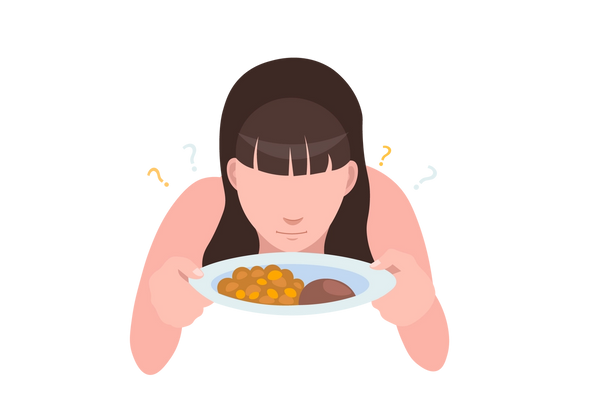 An illustration of a woman leaning over a plate of food. Two yellow question marks are next to her head. She has brown hair with bangs.