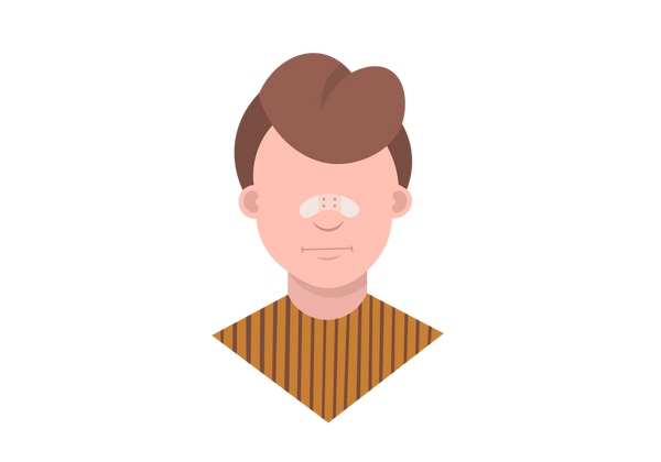 An illustration of a bust of a man with a bandaid across his nose. He has short brown hair and is wearing a yellow and brown striped shirt.