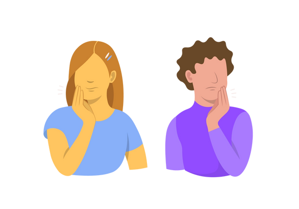 An illustration of two people next to each other. The person on the left is holding her right cheek, the person on the left is holding his left cheek. The woman has brown hair and is wearing a light blue short-sleeved t-shirt. The man has dark brown short curly hair and is wearing a purple turtleneck.