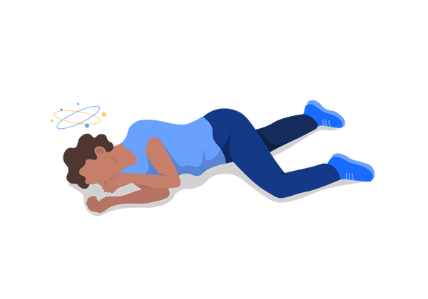 An illustration of a woman lying on the ground on her side. One leg is bent up and her arms are bent as well, showing a position that represents a recent fall. An oval and starts surround her head showing dizziness. She has medium brown skin, short, curly, dark brown hair and is wearing a medium blue short-sleeved t-shirt and dark blue jeans with blue sneakers.