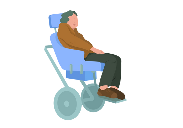 An illustration of a person in a wheelchair. The person is leaning to one side, with their head resting on their shoulder. The wheelchair is blue with green metal and wheels. The person has short, green, curly hair, their face is drooping, and they are wearing a long sleeved brown sweater, dark green pants, and brown shoes.