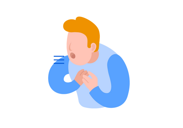 An illustration of a man with his hands on his chest leaning forward with his mouth open. Three blue lines come out of his mouth representing air. He has peach skin and orange hair, and is wearing a blue long-sleeved t-shirt.