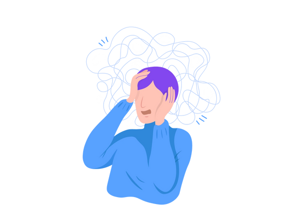 Uma ilustração de uma pessoa com as mãos no rosto. Linhas onduladas azuis e manchas brancas cercam sua cabeça. Eles estão vestindo uma gola alta azul e têm cabelos roxos.