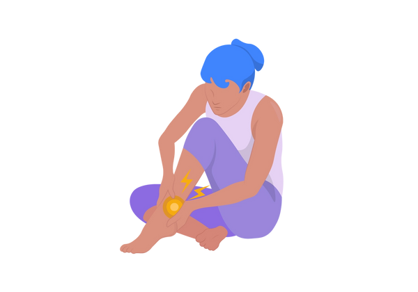An illustration of a woman sitting with one leg crossed in front of her and the other bent at the knee but tucked up to her chest. She is leaning over her leg, grabbing her ankle with both hands, and looking at a yellow spot on the ankle. Two yellow lightning bolts come from the spot. She is frowning, her skin is medium-dark peach-toned, and she has blue hair tied up in a bun. She is wearing medium purple leggings and a light purple tank top.