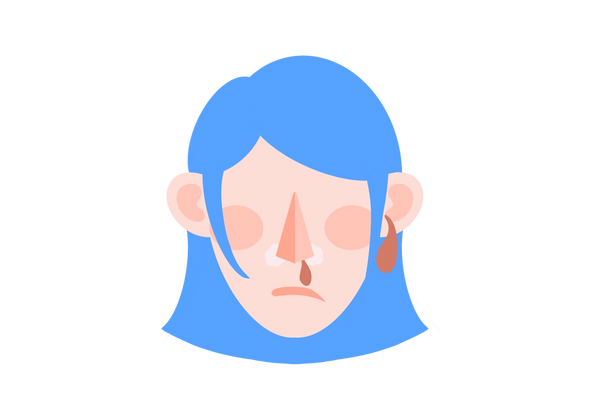 An illustration of a woman with scaling around her red nose. Blood drips from her nose and also from her right ear. Her cheeks are red. She has blue hair.