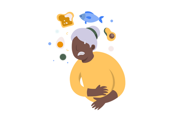 Mujer con una camiseta amarilla con las manos sobre el estómago y una gota de sudor en la frente. La comida y las bacterias rodean su cabeza.