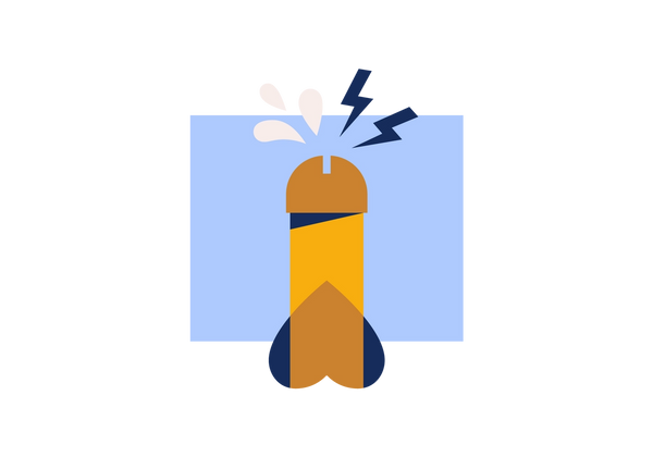 An illustration of an upright penis and scrotum. The penis is yellow and the scrotum is dark blue. Two drops of semen come from the tip of the penis, as well as two dark blue lightning bolts. The background is a light blue rectangle.