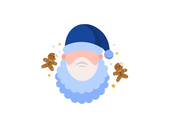 An illustration of a Santa-like older man with a blue hat and beard. He is wearing a mask. Two gingerbread men are next to him, as well as some small yellow stars and blue dots.