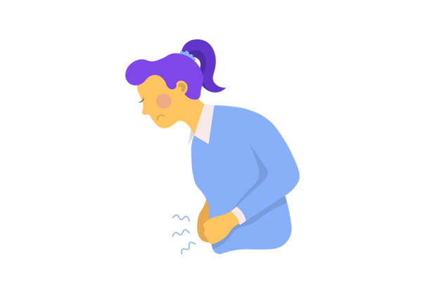 Eine Illustration einer stirnrunzelnden Frau mit lila Haaren, die ein blaues Hemd trägt, sich nach vorne beugt und ihren Bauch umklammert. Aus ihrem Bauch ragen drei blaue Kringel hervor.