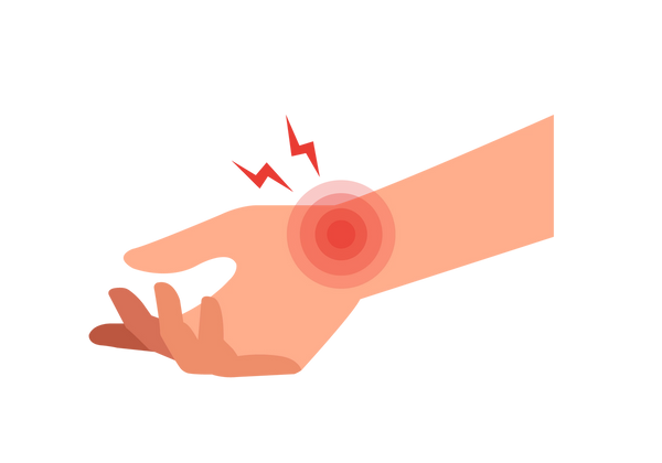 Uma ilustração de uma mão e um pulso. Existem círculos concêntricos vermelhos e dois relâmpagos vermelhos emanando do pulso.