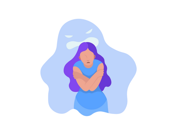 Eine Illustration einer Frau mit langen lila Haaren, die ihre Arme vor der Brust verschränkt. Sie runzelt die Stirn. Eine hellblaue, geisterhafte Gestalt ragt über ihr auf.