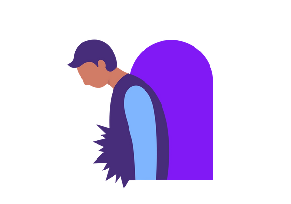 Illustration d’un homme affalé vu de côté. Son abdomen présente des pointes. Sa chemise est violette avec des manches bleu clair et un arc violet derrière lui. Il a une peau pêche plus foncée et des cheveux violets.