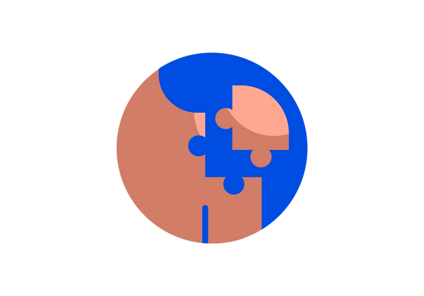 Schulter mit entferntem Puzzleteil innerhalb eines blauen Kreises.