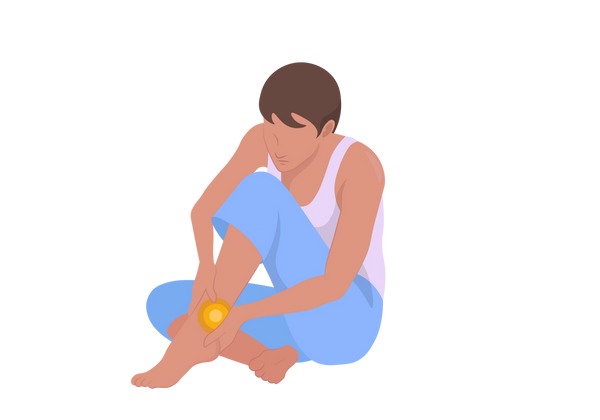 Ilustração de uma mulher sentada e inclinada sobre o joelho dobrado. Há círculos concêntricos amarelos no tornozelo que ela está segurando. Ela tem cabelo castanho curto e sua pele é de tom pêssego médio. Ela está vestindo uma blusa rosa claro e uma calça capri azul clara.