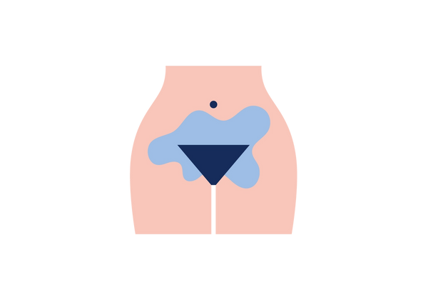 A woman's hips and upper thighs. There is a dark blue inverted triangle over her pelvis and a light blue blob surrounds it.