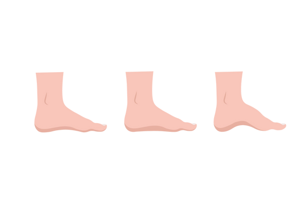 Eine Illustration von drei hell pfirsichfarbenen Füßen aus der Seitenansicht, alle mit nach rechts zeigenden Zehen. Der erste hat ein typisches Profil, der zweite einen niedrigeren Sitzbogen und der dritte einen hohen Bogen.