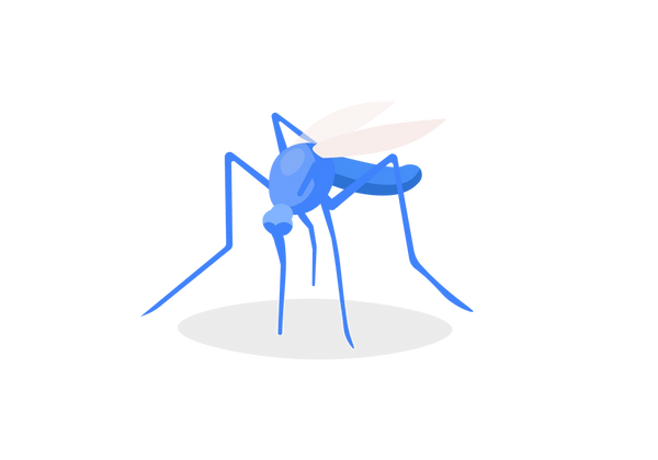 Uma ilustração de um mosquito azul com asas rosa claro. Ele está em um ângulo de três quartos e sua boca está embutida em um oval translúcido cinza claro sobre o qual está apoiado.