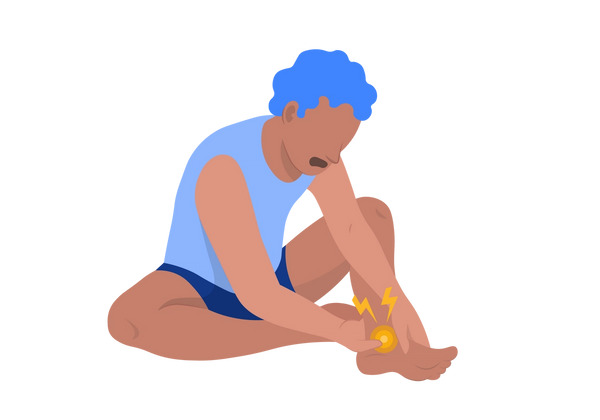 An illustration of a person sitting with their knees bent outward, holding their left ankle with both hands. There are yellow concentric circles on the ankle, with two yellow lightning bolts coming from the circles. The person's mouth is open with an expression of pain, and they have medium peach-toned skin. Their hair is curly, short, and blue, and they are wearing a light blue tank top with dark blue shorts.