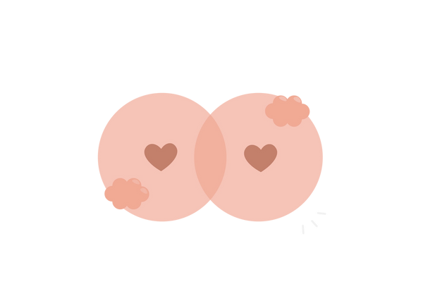 Dos pechos superpuestos de color rosa con pezones en forma de corazón de color rosa más oscuro. Dos formas de nubes rosas medianas están en las esquinas inferior izquierda y superior derecha de los senos.