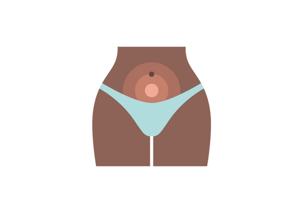 A woman's hips and thighs, wearing light blue underwear. Concentric circles emanate from below her bellybutton.