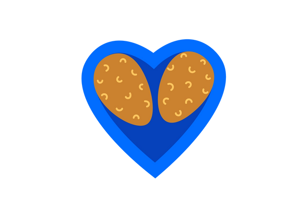 Un cœur bleu moyen avec un cœur bleu plus foncé à l’intérieur. Deux ovales jaune foncé sont nichés dans le cœur plus petit et des boucles jaune clair remplissent les ovales.