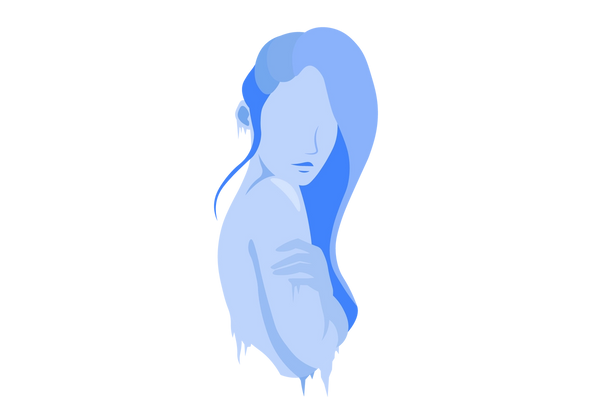Ilustração de uma mulher da cintura para cima em perfil lateral mostrando o lado direito. Sua pele e cabelo são azuis e seus braços estão cruzados na frente dela. Pingentes de gelo pendem de seus dedos, tronco e orelha.