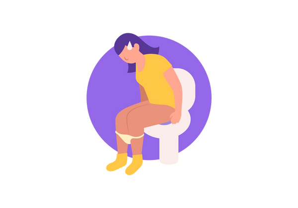 An illustration of a woman bent over while sitting on a toilet. A big sweat drop drips from her forehead. She is wearing a yellow t shirt, yellow socks, and light yellow underwear hangs around her calves. Her hair is dark purple and the background is a lighter purple circle.