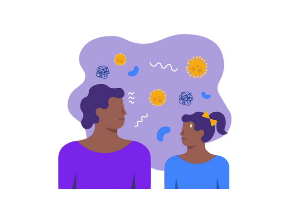 An illustration of a woman and child looking at each other. A purple cloud filled with virus shapes is behind and above them. The child has a sweat drop on her forehead, showing anxiety. Her hair is in a ponytail with a yellow bow and she is wearing a blue long-sleeved shirt. The woman has short curly hair and is wearing a purple long-sleeved shirt. Both have medium brown skin.