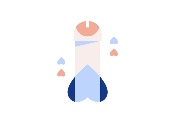 Une illustration d’un pénis et d’un scrotum droits. Le pénis est rose clair et le scrotum est bleu foncé. Le bout du pénis est d'un rose plus foncé et il y a deux séries de cœurs inversés roses et bleus de chaque côté du pénis.